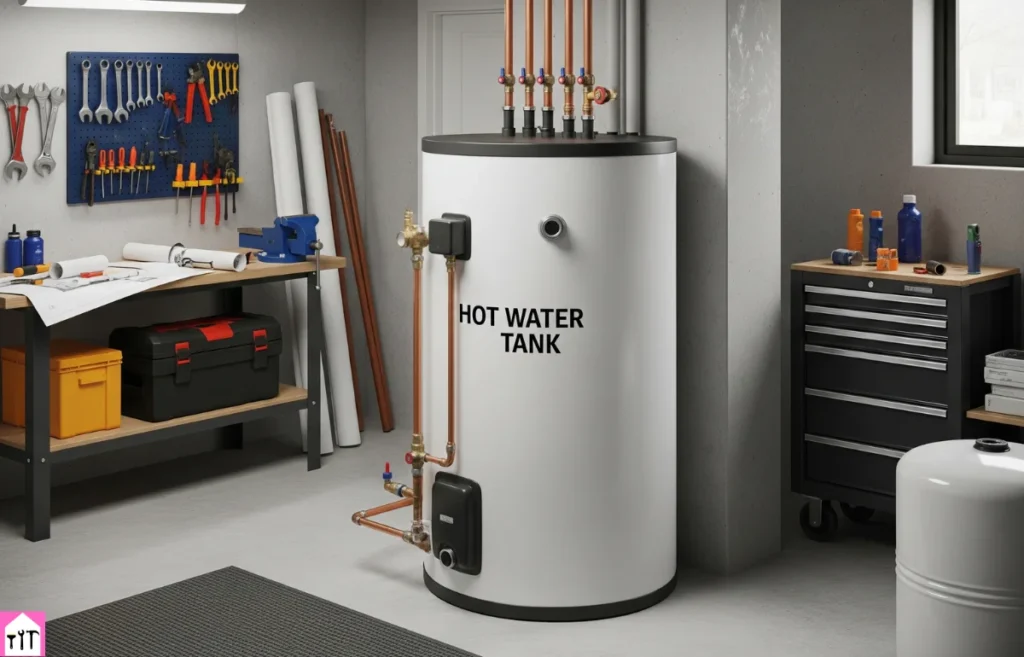 Hot Water Tank in a Utility Room with Tools and Pipes