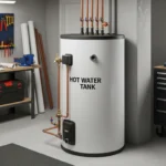 Hot Water Tank in a Utility Room with Tools and Pipes