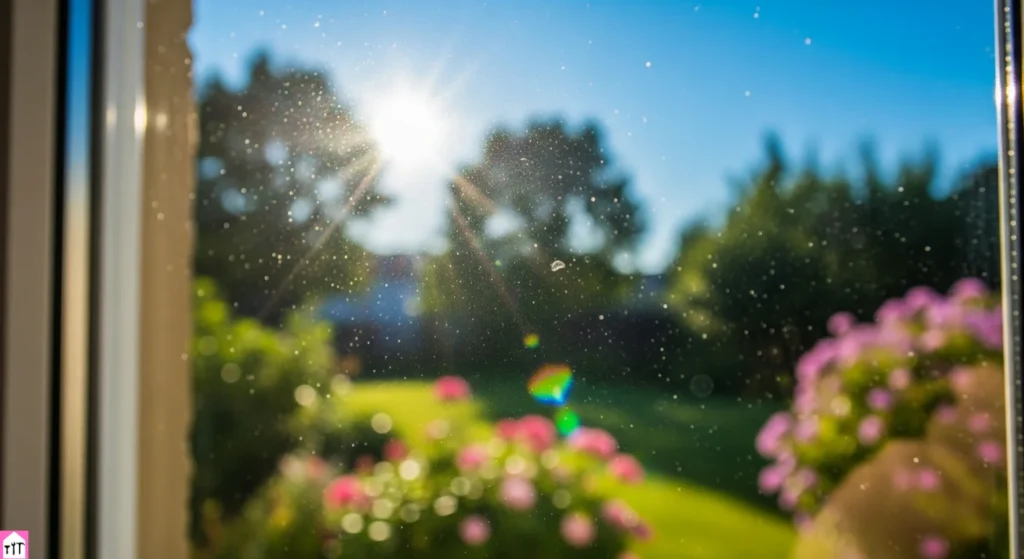 Close-up of a sparkling clean window with sunlight streaming through, showcasing an unobstructed view of the outdoors.