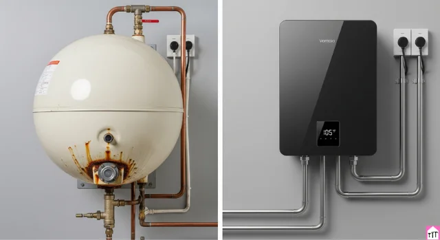 Side-by-side comparison of a bulky, old traditional hot water tank next to a sleek, compact modern tankless water heater, illustrating the evolution of home water heating.