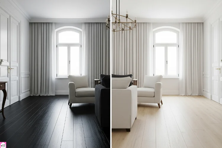 Spacious room with light-colored wood or stone flooring, sunlight streaming through windows, highlighting the floor's reflective quality and minimalistic decor.
