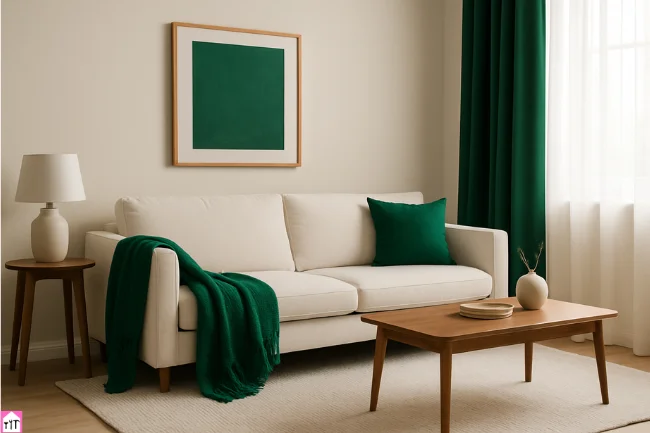 Modern neutral living room with emerald green accents in a throw blanket, curtains, and wall art