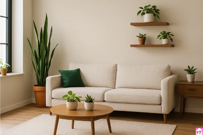 Modern living room with a snake plant in the corner and small potted plants on shelves and a coffee table