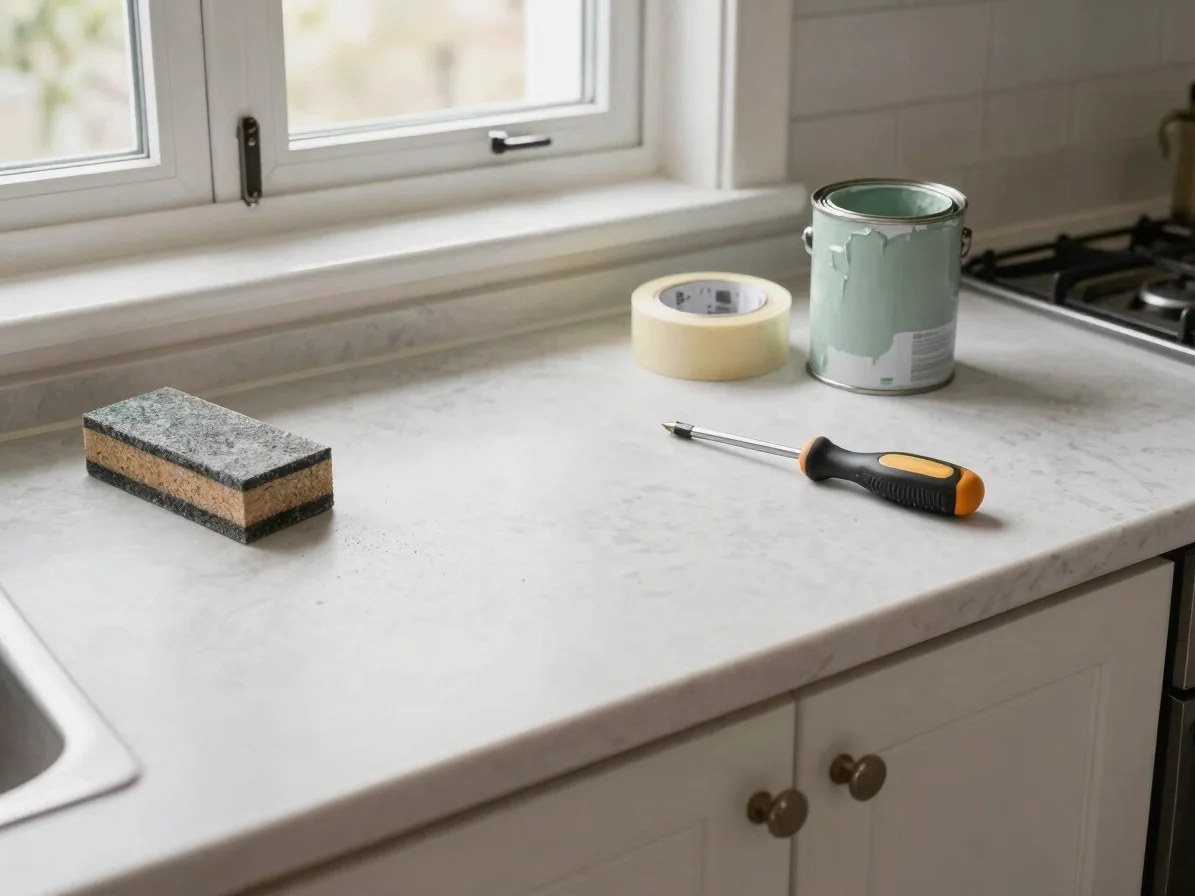 Overhead view of a kitchen countertop during a DIY cabinet refres