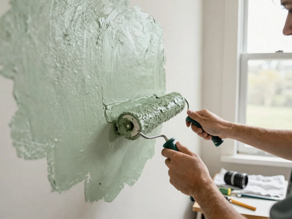 Close detail of hands rolling sage green paint on a wall in a bri