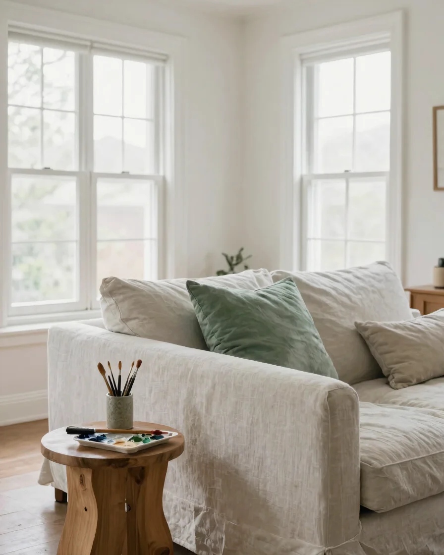 Natural editorial home photograph of a bright, lived-in living ro